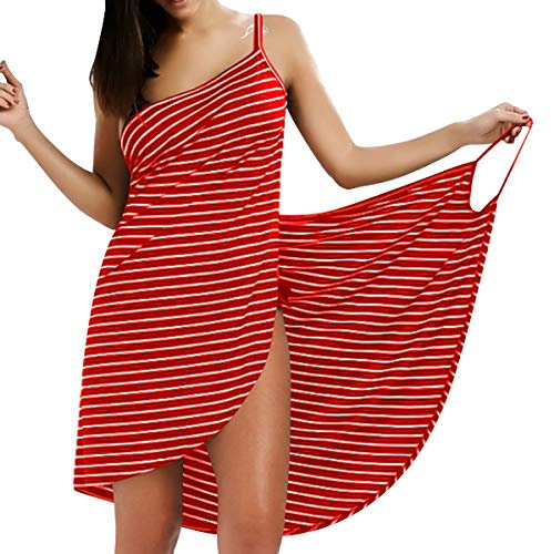 LumiSyne Strandkleider Damen Bikini Cover Ups Mode Streifen Badeanzüge Ärmellos Wickelkleid Sexy V Ausschnitt Strandponcho Pareos Lose Stil Strandrock,Schmale Fransen Rot,S