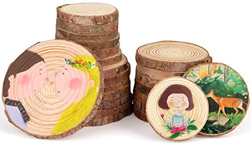 Angooni 24 Stück Natürliche Holzscheiben, 3-4 cm 5-6 cm 7-8 cm Runde Holzscheiben zum Basteln, Klein Baumscheibe mit Rinde, für DIY Handwerk, Weihnachtsschmuck