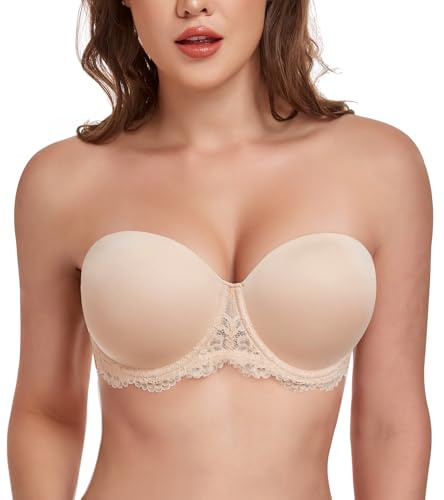 Lemorosy Women's Lace Strapless Underwire Multiway Bra(Lace Beige,42C)