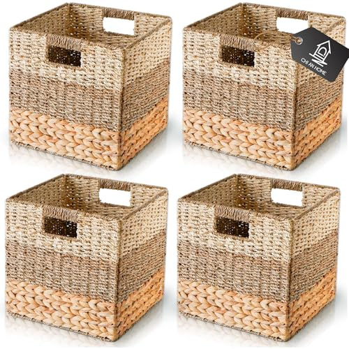 CHI AN HOME 12x12 Storage Cube Bins Wicker Storage Basket for Cube Shelf, Natural Foldable Square Baskets for Storage, Large Woven Cube Storage Bin with Handle, Baskets for Pantry, Bedroom Set of 4
