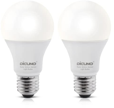DiCUNO Motion Sensor Bulbs E27, 12W (100W Halogen), Daylight White 5000K, 1100LM ES Motion Activated Security Light, 100V-240V LED Bulbs for Front Door, Basement, Garage, Porch, 2 Pcs