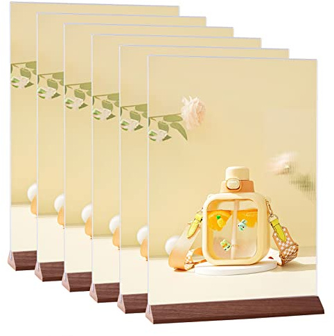 A5 Ständer Tischaufsteller, 6 Stück Menükartenhalter, Werbeaufsteller aus Acryl für Hotel, Geschäft, Büro (Basis aus Holz)