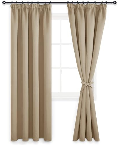 DWCN Vorhänge Wohnzimmer Blickdicht Kräuselband mit Krawatten H 245 cm | 2er Set H245xB140cm Taupe, Verdunkelungsgardinen Wärmeisolierend Abdunkelnd Sichtschutz UV-Schutz Thermovorhang Schlafzimmer