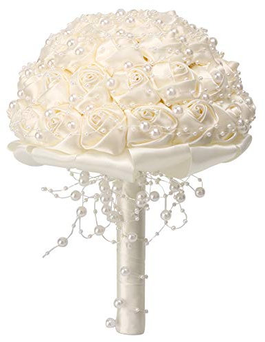 BFYDOAA Bouquet da Sposa Avorio per Damigella D'onore, Rose di Raso e Perle Artificiali con Fiori, Bouquet da Lancio per Feste di Matrimonio