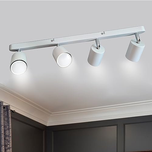 Sweier White 4-Way Rotatable GU10 Ceiling Spotlight Bar - 5W Adjustable LED Light with 6000K Cool White Bulb, Ceiling/Wall Mounted