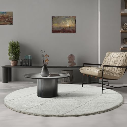 the carpet Bahar Shaggy – Weicher Hochflor Teppich, moderner Flauschiger & kuscheliger Wohnzimmer Teppich, eleganter Designer Shaggy, pflegeleicht und strapazierfähig, Creme-Raute, 120 cm Rund
