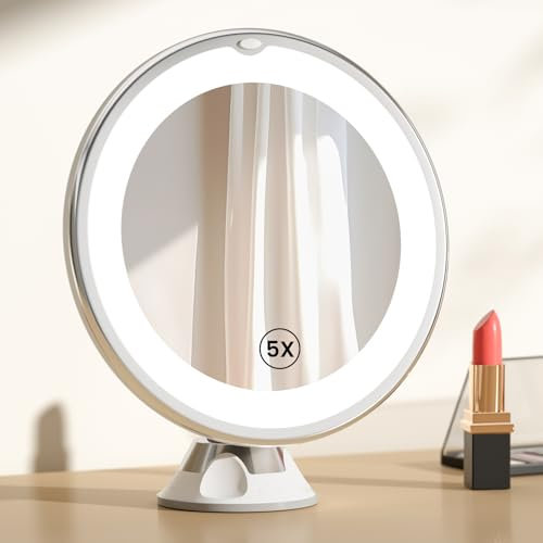 EMKE Led Makeup Mirror, 5X Magnifying Mirror with Suction Cup 360° Swivel Rotation and Locking Suction Mount, Travel Makeup Mirrors with Cool Light, Battery Portable Shaving Mirrors for Eyebrows