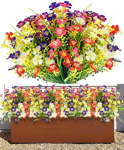 Evolpor 12 Bundles Outdoor Artificial Flowers, UV Resistant Faux Plastic Plants for Decoration, 6 Colors Fake Flowers Indoor Outside Hanging Plants Home Garden Planter Decoration