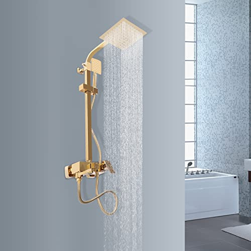 Gold Duschsystem Duscharmatur Set mit Regendusche Retro Duschset Duschsystem Einstellbare Höhe 80-113cm