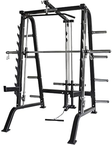 Smith Machine Profession JK Fitness | Gewichthebermaschine mit geführter Langhantel | 9 Verriegelungspositionen | 2 Sicherheitsspotter | Struktur mit Latstange und Bizepsstange 8 Scheibenhalter
