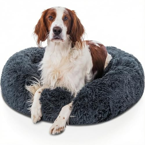 Woof & Whiskers Calming Donut Hundebett groß 80 cm - Dunkelgrau | Anti-Angst-rundes Plüsch-Haustierbett für Hunde & Katzen, rutschfeste Unterseite, maschinenwaschbar, weich und bequem (Dunkelgrau, 80