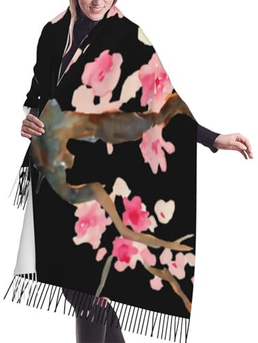 IUBBKI Aqua-rosa Kaschmirschal mit Kirschblüten-Blumenmuster und Fransen. Seidenschals für Herbst und Winter sind besonders weich und bequem.