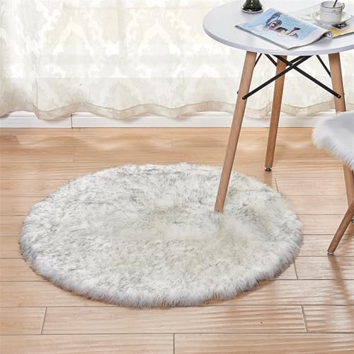 Lifup Hochflor Teppich Wohnzimmer rutschfest Fellteppich Rund, Kunstfell Teppich, Shaggy Flauschig Weich Modern Einfarbig für Esszimmer Kinderzimmer Deko Weiß Grau 45 x 45 cm