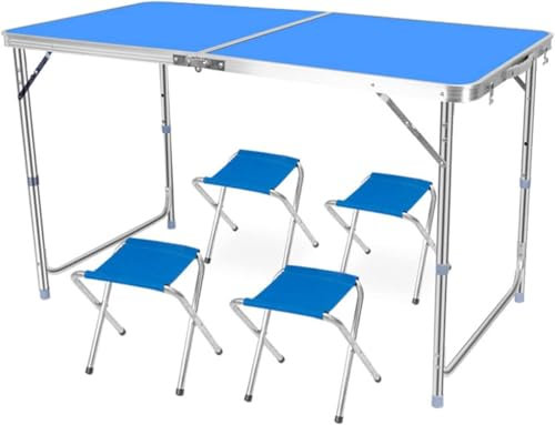 GTATBTG Set tavolo da campeggio pieghevole con 4 sgabelli regolabili, 120 x 60 cm, mobile portatile da esterno per campeggio, picnic e tailgating, leggero e facile da riporre