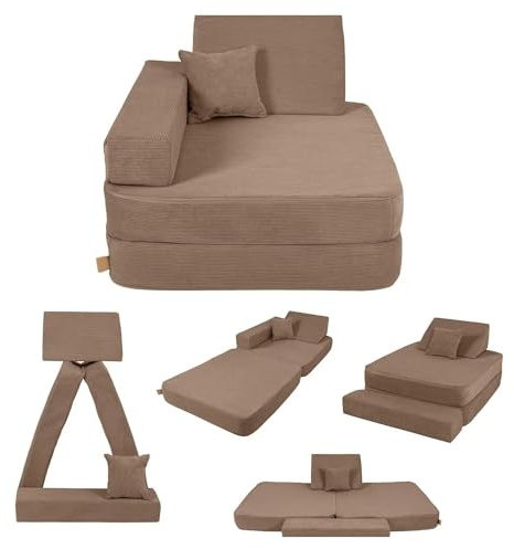 Angelove Sillón Infantil 3‑en‑1 - Sofá Modular Plegable y Colchoneta de Juego de Pana, Cómodo Desde 1 año, Marrón