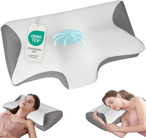 Cozary Memoria Almohadas Ergonómico Almohada Cervicales con Soporte para el Cuello 2 Alturas Funda Amovible Ideal para Todos los Estilos de Sueño Gris