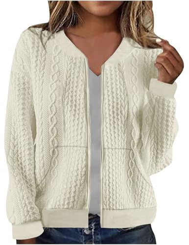Cardigan Sweaters for Women UK Full Zip Jacket Long Sleeve Sweatshirt with Pockets Cable Knit Coat Lightweight Elegant Fall Outfits Casual Pullover Bolero Ladies Jacket Coat for Daily Beige