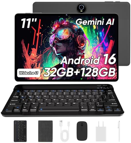 WXUNJA 11 Inch Android 16 Tablet with Keyboard, 32GB RAM+128GB Storage, 1TB Expand, 8000mAh Battery, 5MP+8MP Camera, Dual Band WiFi 6, IPS Touch Screen, Mouse/Stylus/Case/Charger Inside, Light Black