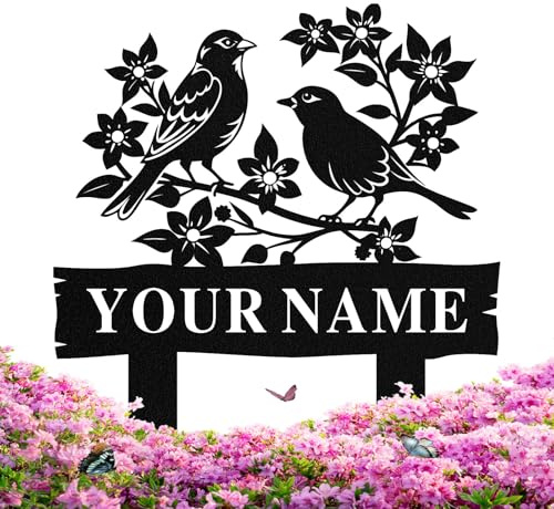 Personalized Garden Signs with Stake, Metal Custom Garden Signs for Outdoor, Customized Metal Name Sign, Birds Design Yard Patio Farmhouse Decor
