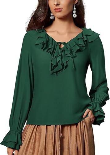SCARLET Dark dam medeltida blus lång puffärmar topp V-hals snörning volangblus, Mörkgrön, XL