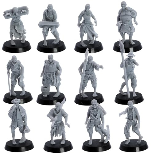 Forged Terrain Highlands Miniatures True 32mm Scale Zombie Villagers (Set of 12) – Large Heroic Scale Undead Miniatures – 35mm Total Height Resin Figures for D&D, Pathfinder & Horror Wargames
