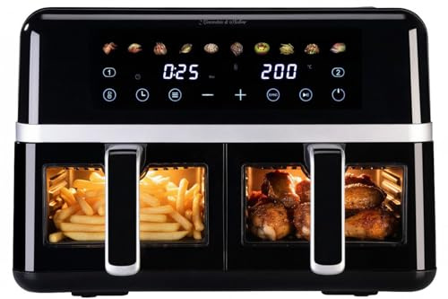 Rosenstein & Söhne Heissluftfriteuse: Dual-Heißluftfritteuse, 2 Schubladen mit Sichtfenster, 10 Programme (Fritteuse, Heißluftfritteuse zum Grillen, Kochen)