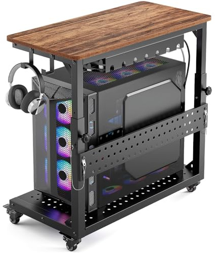 GreenForest Heavy Duty PC Stand, Gaming Computer Tower Cart with Wheels | Metal Frame Supports 150 Lbs Full-Tower. Steel Casters Smooth Rolling. Easy Height Adjustable. Industrial Walnut top