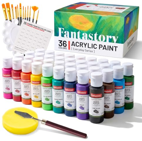 Fantastory Acrylfarben Set, 36 x 60 ml mit 16-teiligem Zubehör, hohe Deckkraft & wasserfest, Acrylic Paint Set für Leinwand, Holz, Steine & Basteln