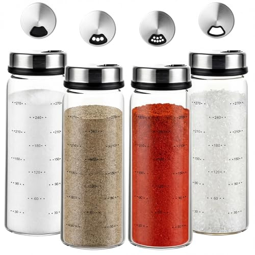 Eulihent 4 Pcs Salt Shaker with Lid, 300ml Salt and Pepper Shakers with Adjustable Pour Holes Glass Spice Jar, Salt Dispenser for Kitchen, Dining Table, or Creative DIY Projects