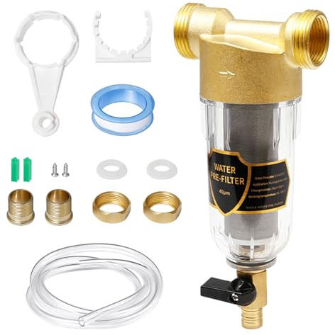 Rebanky Filtre à Sédiments Eau 40 Microns, Raccord 3/4 Pouce Préfiltre Eau | Préfiltre Spin Down Transparent Lavable avec Adaptateur Laiton 1 Vers 3/4 Pouce pour Eau de Puits, Pluie et Pompe