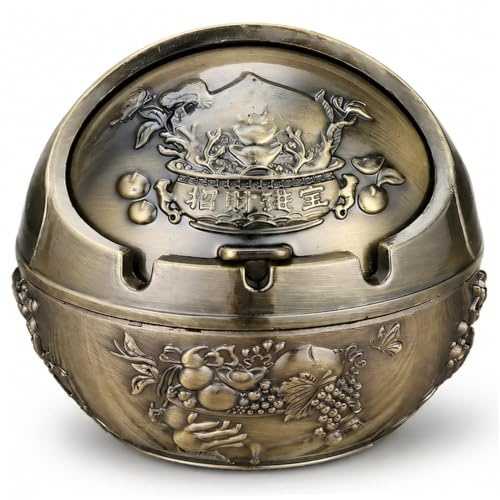 Cendriers, cendrier drôle, petit cendrier inodore avec couvercle décor sphérique en alliage de bronze avec gaufrage pour salon bureau extérieur, richesse