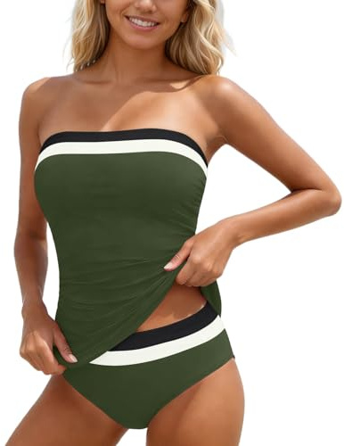 Tankini sans Bretelles avec Haut froncé et Bandeau Deux pièces, Maillot de Bain pour Femme, Coupe Ajustable et Soutien léger, idéal pour la Natation et Les journées à la Plage