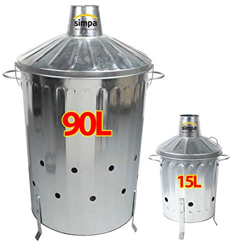 simpa 2PC Garden Incinerator Bundle: 1 x 90L 90 Litre Incinerator & 1 x 15L 15 Litre Incinerator - Galvanised Metal Incinerator Set.