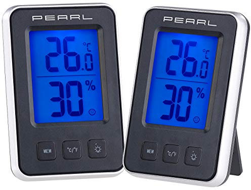 PEARL Thermo und Hygrometer: 2er Pack Digitales Thermometer/Hygrometer mit großem beleuchtetem LCD (Thermometer Raum, Raumklima Thermometer, Kühlschrankthermometer)