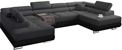 Ecksofa Miami U mit Schlaffunktion, Eckcouch mit Bettkasten, mit bettfunktion, Freistehendes Schlafsofa, 338 x 203 cm (Dunkelgrau + Schwarzer Kunstleder -EKO)