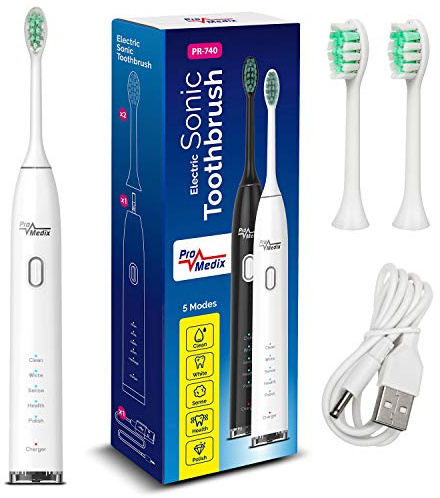 ProMedix PR-740B Elektrische Schallzahnbürste mit Reise-Etui Zahnbürste 5 Reinigungs-Modi mit 2 Aufsteckbürsten 2-Minuten-Timer IPX7 Wasserdicht USB-Aufladung (Weiß,Schallzahnbürste)