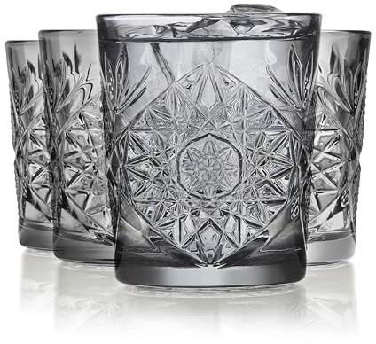 Libbey Hobstar Double Old Fashioned Glasses, Smoke Colored Cut Glass Drinking Glasses Set of 4, Durable, Vintage Whiskey Glasses for Cocktail, Drinks
