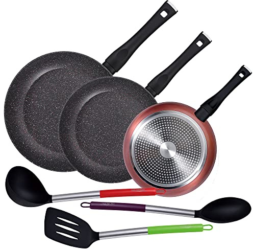 PACK DE 3 SARTENES Ø20/24 y 28 cms + SET DE 3PC DE UTENSILIOS DE COCINA EN NYLON