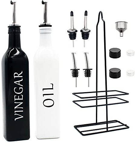 Juego de dispensador de aceite y vinagre, botella dispensadora de aceite de oliva blanco y botella de vinagre negro con boquilla de vertido de acero inoxidable, juego de vidrio de granja para cocina