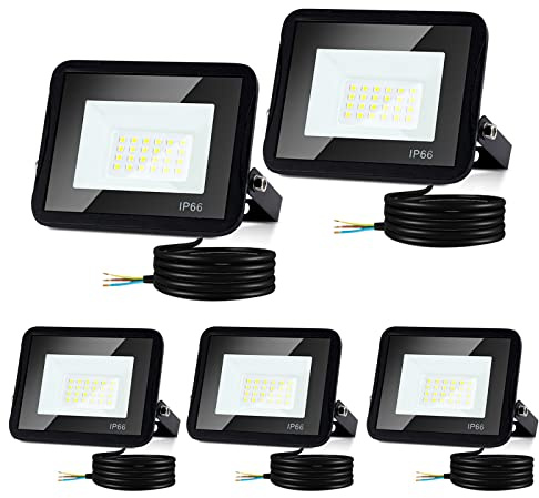 Tubiaz LED-Außenstrahler, 5 x 30 W, 3000 K, Warmweiß, IP66, wasserdicht, 220 V, 2550 lm, für Garten, Hof, Garage, Haus (ohne Stecker), 5 Stück