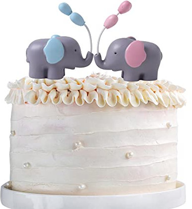 SYKYCTCY 2 Pack Pink or Blue 3D Elephant Cake Toppers Little Peanut Figurine Doll with Balloon Cake Pick Elephant Theme Birthday Party Cake Decorations