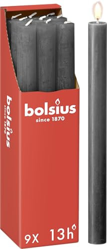 Bolsius - Rustik Lot de 9 bougies à tige - anthracite - Longueur : 13 heures - Sans parfum - Cire végétale naturelle - Sans goutte - Sans huile de palme - 27 x 2,3 cm