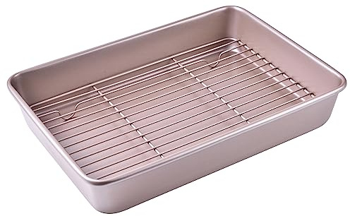 Bakeley 13-Inch Nonstick Roasting Baking Pan with Wire Rack(1Pan & 1Rack), Non-Stick Rectangular Deep Dish Oven-BBQ Bakeware for Oven Baking 13.78 x 9.84 x 2.36 (Champagne Gold)