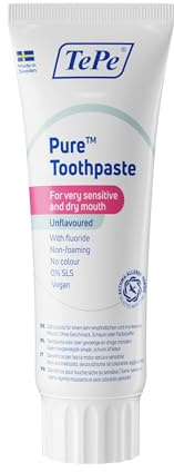 Dentifrice TePe Pure, sans parfum, très doux pour un usage quotidien, conçu pour les gencives très sensibles et la bouche sèche, taux de fluor adapté à l'âge.