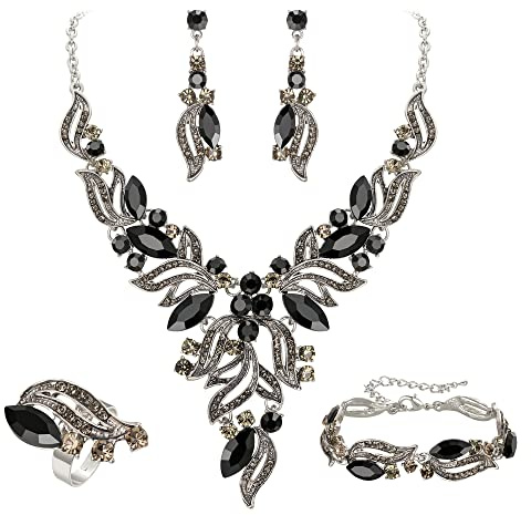 EVER FAITH Braut Schmuckset Hochzeit Kristall Marquise Schwarz Blatt Cluster Statement Y-förmiger Anhänger Halskette Ohrringe Armband und Ring Set für Abschlussball Silber-Tone