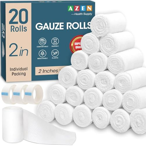 AZEN 20 Pack Gauze Rolls Bandages, 2 in x 4.1 Yards, Premium Medical Supplies & First Aid Supplies, Bandage Wrap Vet Wrap