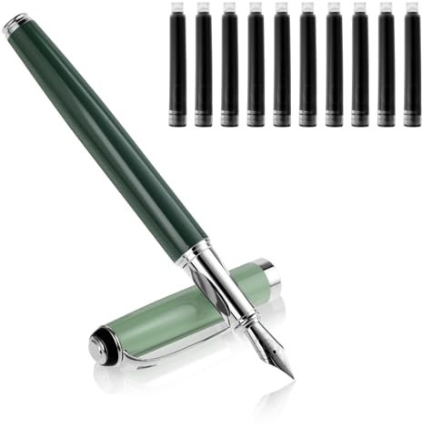 Cobee Metal Fountain Pens with 10 Black Ink Cartridges, 0.5mm Fine Nib Fountain Pen Smooth Writing Luxury Calligraphy Pen Office School Supplies (Green)