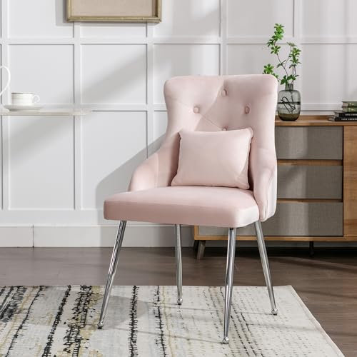 Merax Dining Chairs, Button Pattern Velvet Chairs for Living Room, Bedroom Chair with Metal Legs and Lumbar Cushion, Modern Upholstered Armchair, Kitchen Comfy Lounge Chairs, Pink, 1pcs