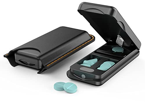 HQEUZ Tablettenteiler Aluminium für Kleine und Große Pillen Tablettenschneider mit 316 L Edelstahl Klinge Tragbarer Pillenschneider mit Aufbewahrungsfach Einfache Handhabung Pill Cutter, Schwarz