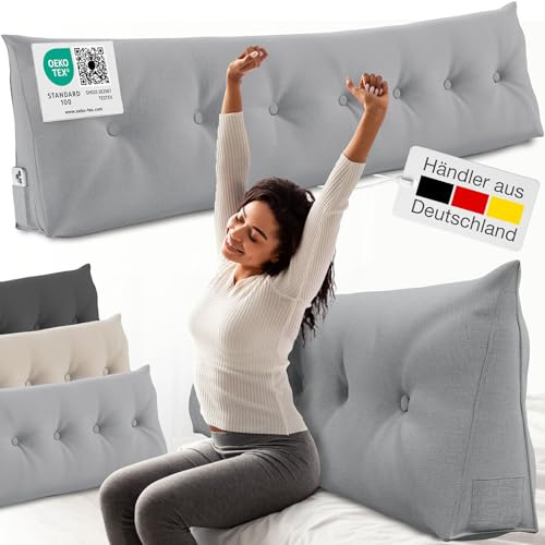 ELONEO Rückenkissen 200 cm breit, Keilkissen für Bett und Sofa geeignet, dreieckiges Lesekissen, Kissen mit abnehmbarem und waschbarem Bezug, mit praktischem Seitenfach